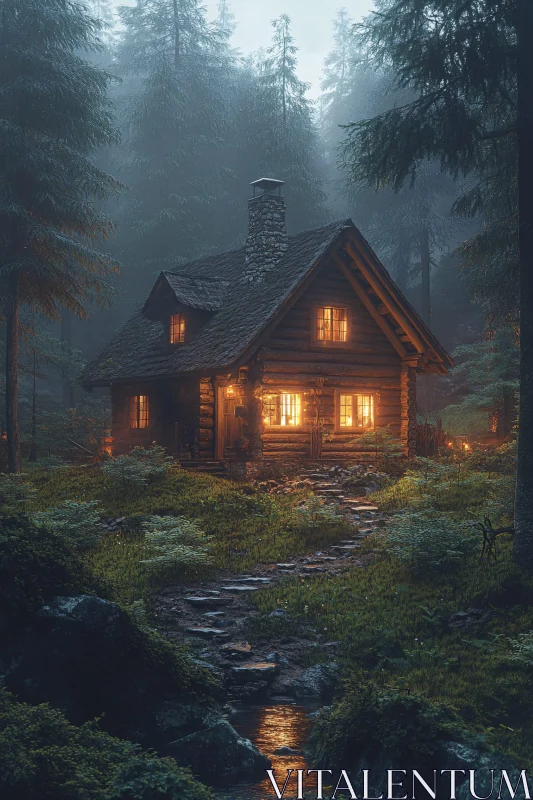 Secluded Log Cabin in Dense Woodland AI Image