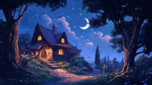 Mystical Night Cottage Illustration