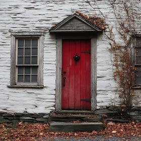 Charming Red Door with Autumn Leaves on an Old House