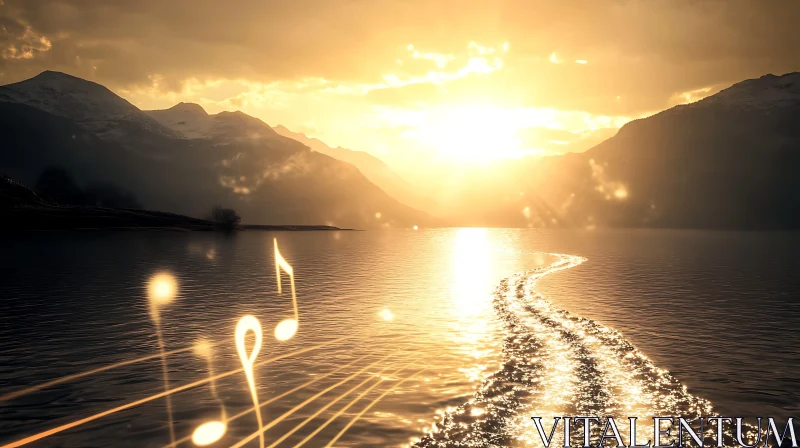 Golden Sunset Reflected on Lake with Mountains and Music Notes AI Image