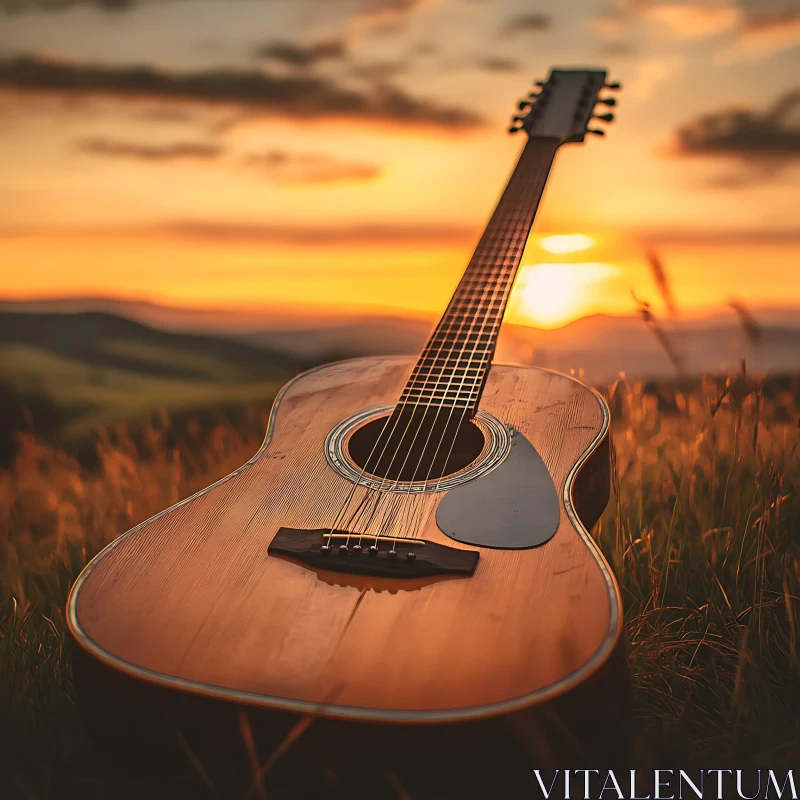 Sunset Serenade: Guitar in Nature AI Image