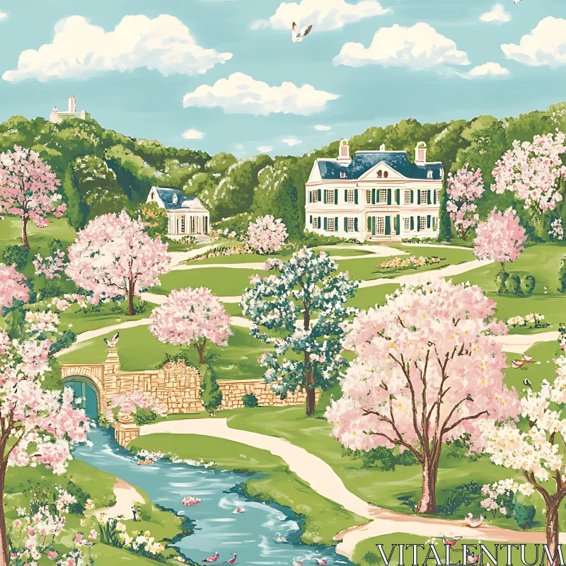 AI ART Springtime Garden with Mansions and Blossoming Trees