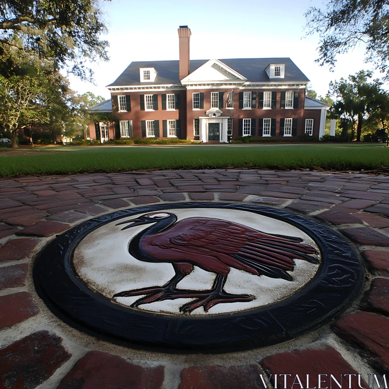 Colonial Mansion and Artistic Bird Emblem on Brick Path AI Image