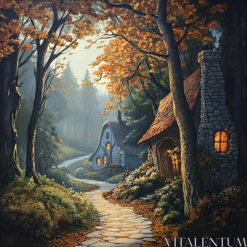 Cozy Cottages in a Misty Autumn Forest AI Image