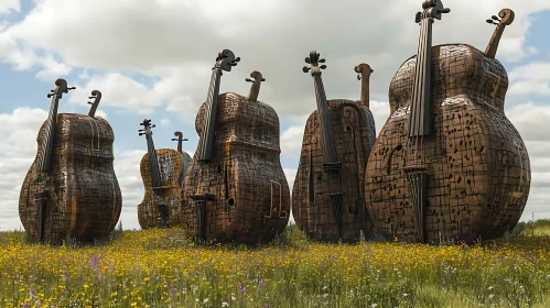 Enormous Wooden Cellos Among Wildflowers