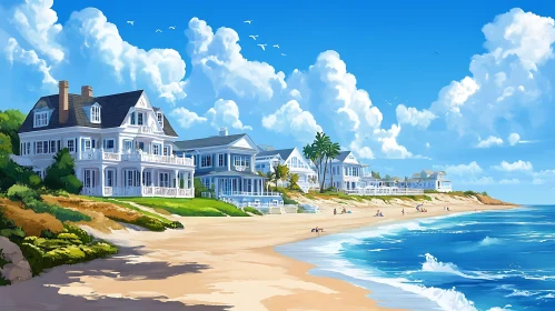 Elegant Beachfront Houses and Clear Blue Ocean Waves