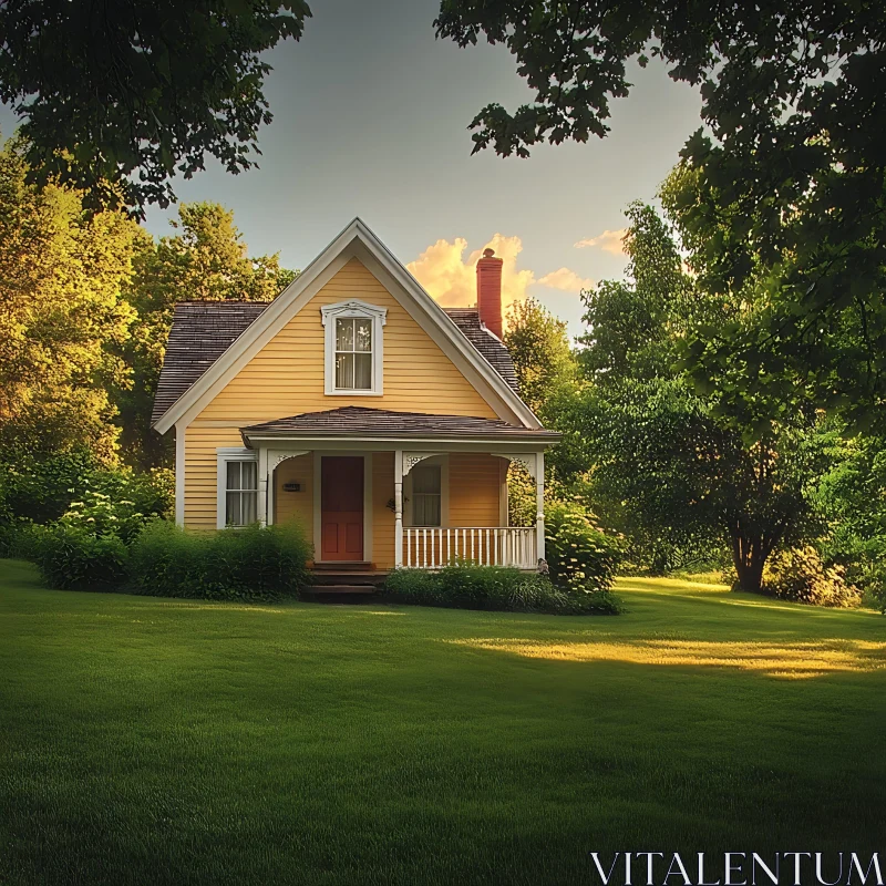 Idyllic Cottage Setting at Sunset AI Image