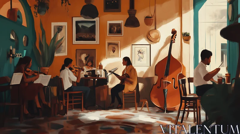 Musicians in a Sunlit Cafe AI Image