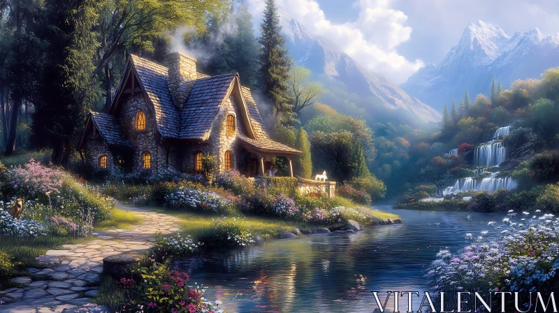 AI ART Charming Stone Cottage in Nature Wonderland