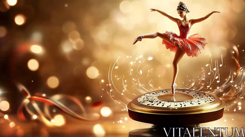 AI ART Graceful Ballerina on Music Box with Swirling Musical Notes