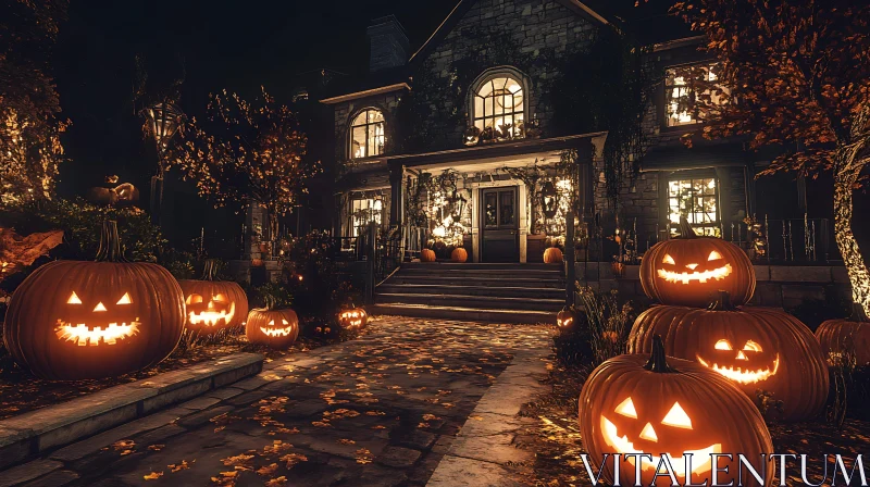 Eerie Halloween House with Glowing Pumpkins AI Image