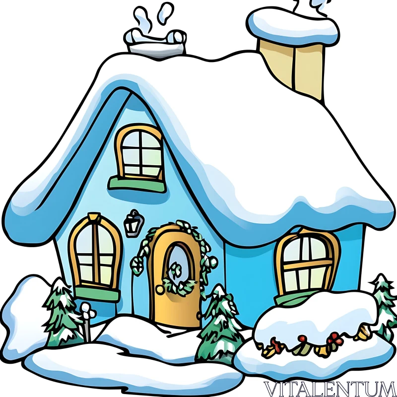 Festive Cartoon Cottage in Winter Wonderland AI Image