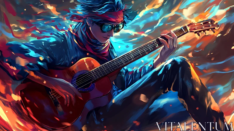 Dynamic Digital Illustration of a Guitar Player AI Image