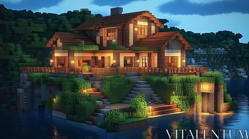 Stunning Minecraft Lakeside Home at Dusk AI Image