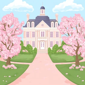 Springtime Mansion with Cherry Blossom Trees