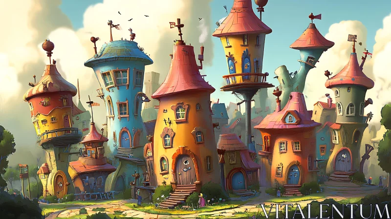 Enchanting Village with Vibrant and Whimsical Structures AI Image