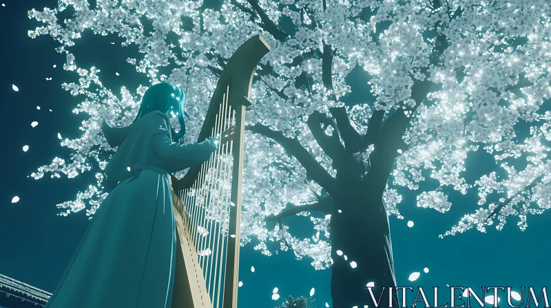 Anime Harpist Under Cherry Blossoms at Night AI Image