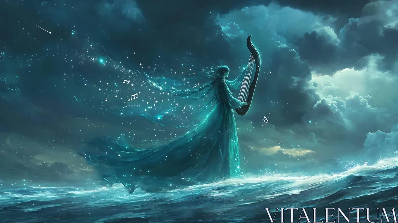 AI ART Celestial Harpist on Waves