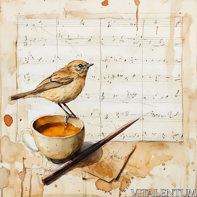 Harmonious Bird and Teacup Illustration AI Image