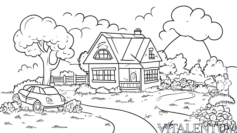 Idyllic Countryside House and Car Illustration AI Image