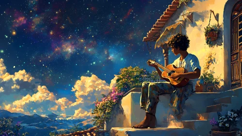 Guitar Serenade in a Starry Night Landscape