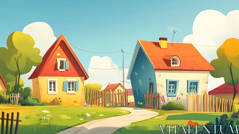 Charming Village Homes Under Blue Skies AI Image