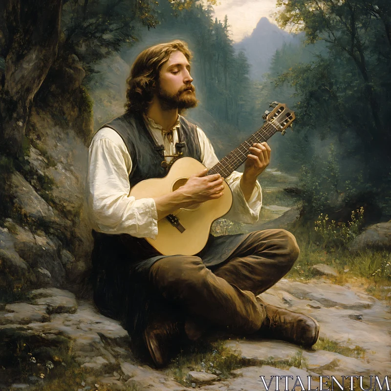 AI ART Man Playing Guitar in a Forest Landscape