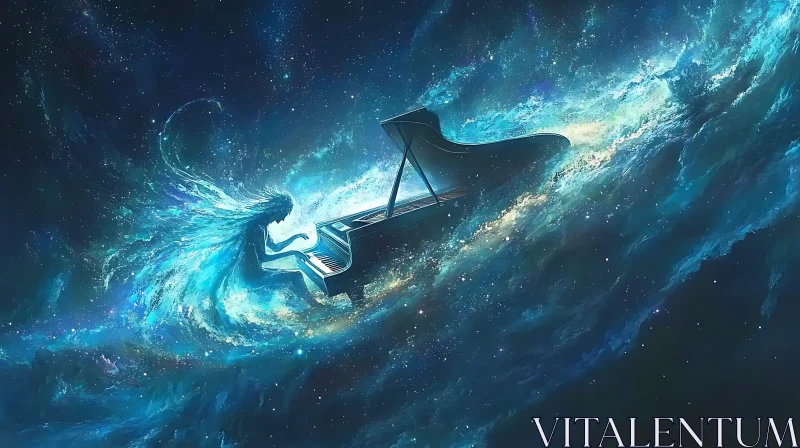 AI ART Cosmic Piano Player Amidst Stars and Galaxies