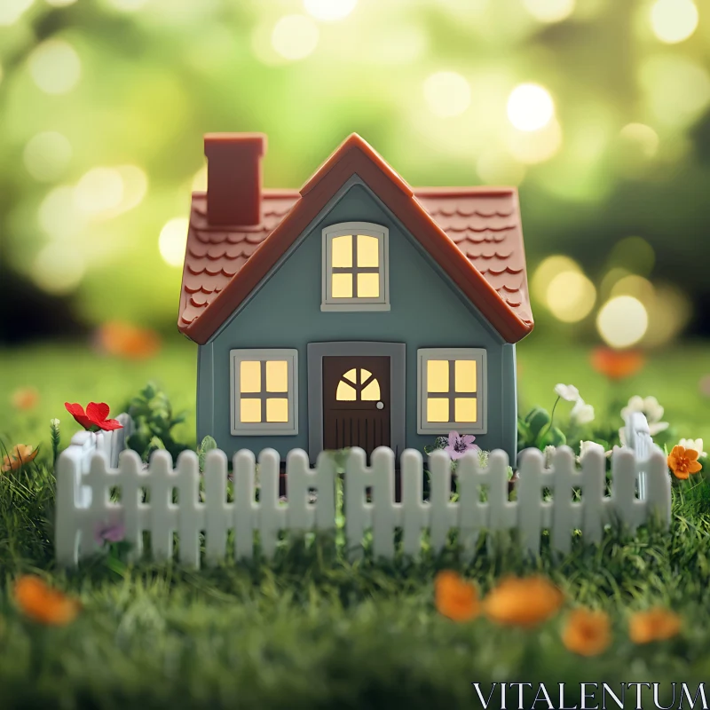 Cozy Miniature House with Red Roof and Glowing Windows AI Image