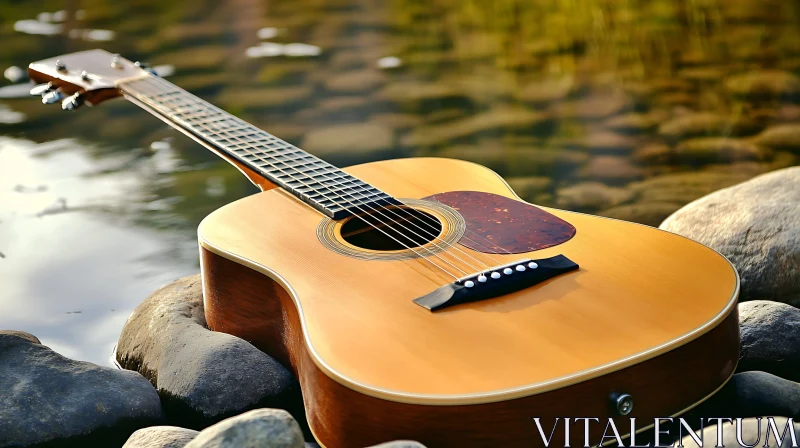 Peaceful Scene with an Acoustic Guitar by the Stream AI Image