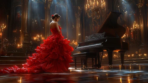 Red Gown Elegance beside Grand Piano