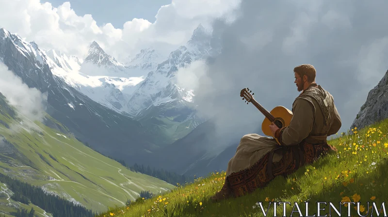 Musician in Tranquil Mountain Setting AI Image