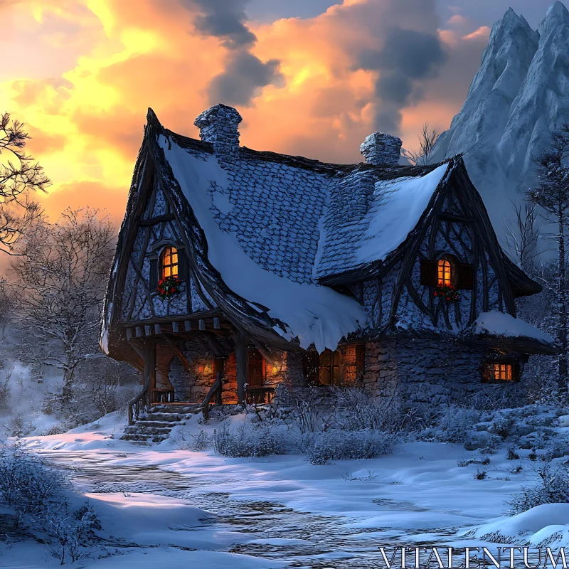 AI ART Rustic Winter Wonderland: Stone Cottage at Dusk