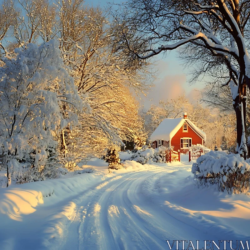 Serene Winter Cabin at Sunset AI Image