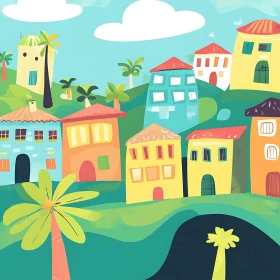 Colorful Village Artwork with Palm Trees and Hills