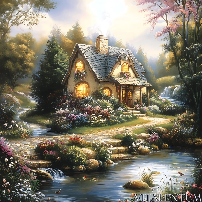 Charming Cottage in a Flower-filled Garden AI Image