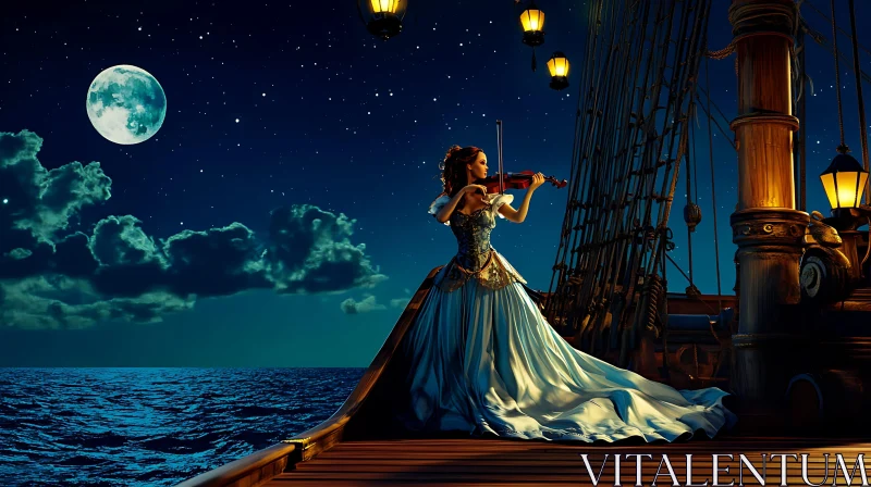 Nighttime Violin Performance on Ship Deck AI Image