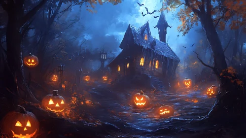 Spooky Halloween Night with Haunted House and Pumpkins