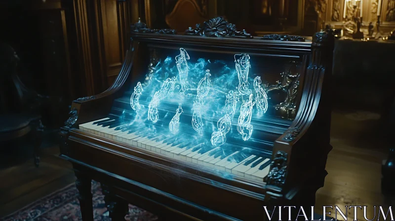 Antique Piano with Floating Holographic Notes AI Image