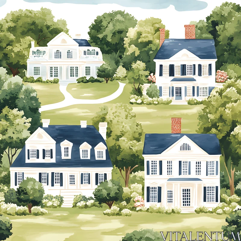 Picturesque Colonial Homes Amidst Lush Greenery AI Image