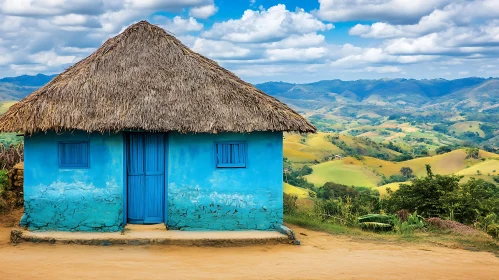 Blue House with Straw Roof in Beautiful Landscape