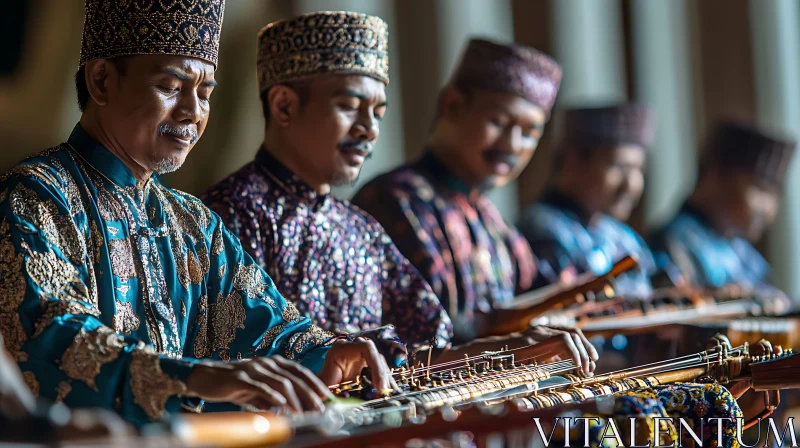 Cultural Stringed Instrument Performance in Traditional Attire AI Image