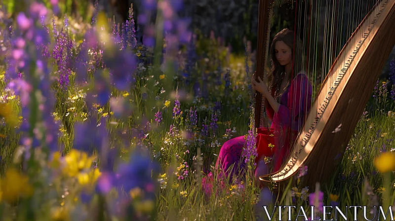 Serene Harpist in a Vibrant Meadow AI Image