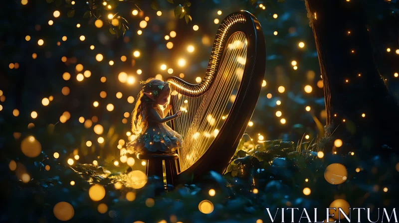 Magical Night with a Fairy Harpist AI Image