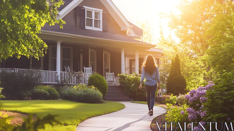 Idyllic Home and Garden Scene at Sunrise AI Image