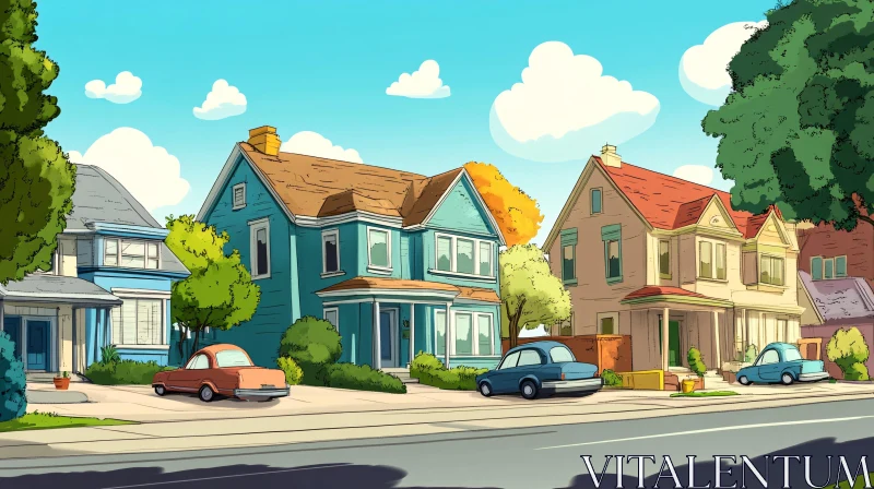 AI ART Peaceful Suburban Scene with Vintage Cars and Pastel Houses