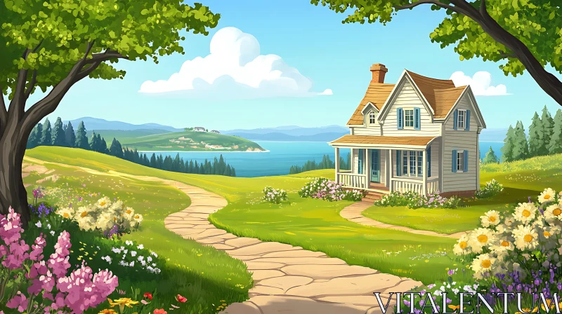 Scenic Cottage Garden with Ocean Horizon AI Image