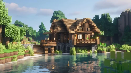 Minecraft Scenic Wooden Cabin by Lakeside