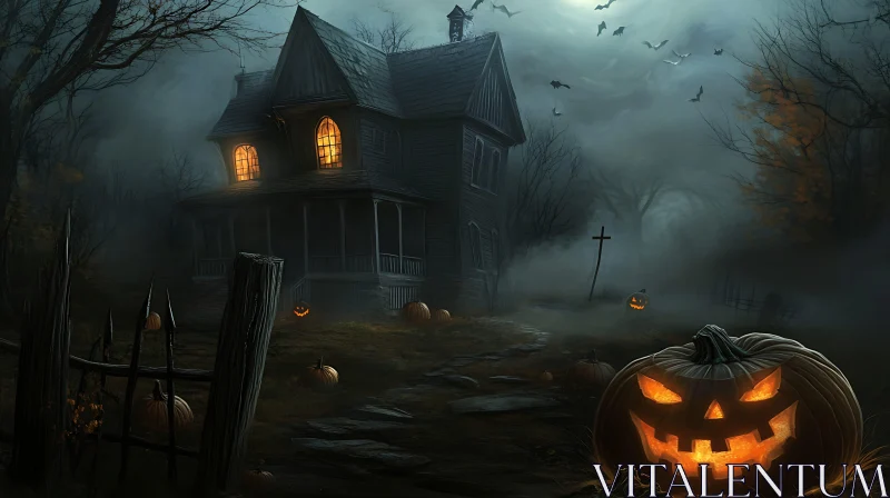 Spooky Halloween Scene with Haunted House AI Image