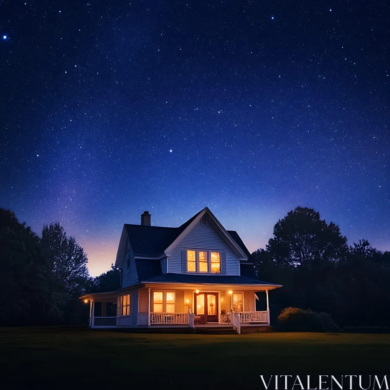 Warmly Lit House in Countryside Night AI Image